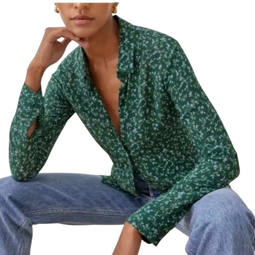 Reformation Button Down Shirt Women Small Green Floral Willa Viscose Long Sleeve